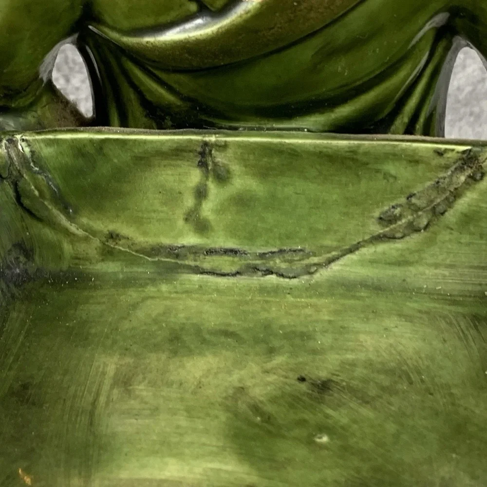 Vintage 1963 Figural Chinoiserie Trinket Box Gold Accented Green Signed Repaired